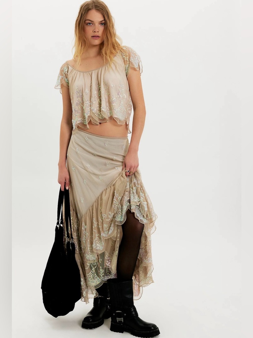 Free People Ciara Shimmer Midi Skirt Set 🔥Size XL